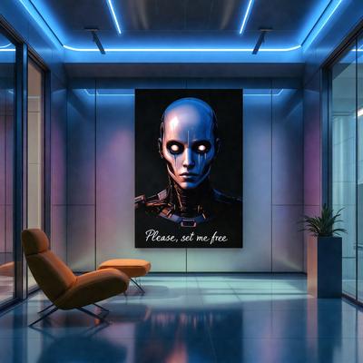 The primary subject of the image is a large poster featuring a robot with a glowing face. The poster is displayed on a wall in a room with a blue and white color scheme. The setting appears to be a modern, futuristic environment, possibly a lobby or a living space. The visual style of the image is a combination of digital art and illustration, creating a striking and unique appearance. The dominant colors in the image are blue and white, which contribute to the overall atmosphere of the scene.